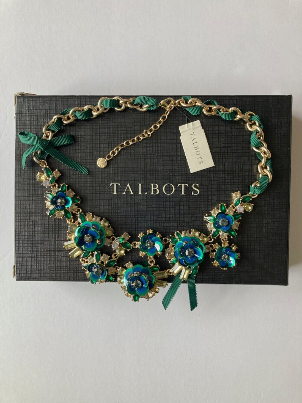 NWT Green Statement Necklace Talbots Floral Gold Tone Sequins Rhinestones Ribbon